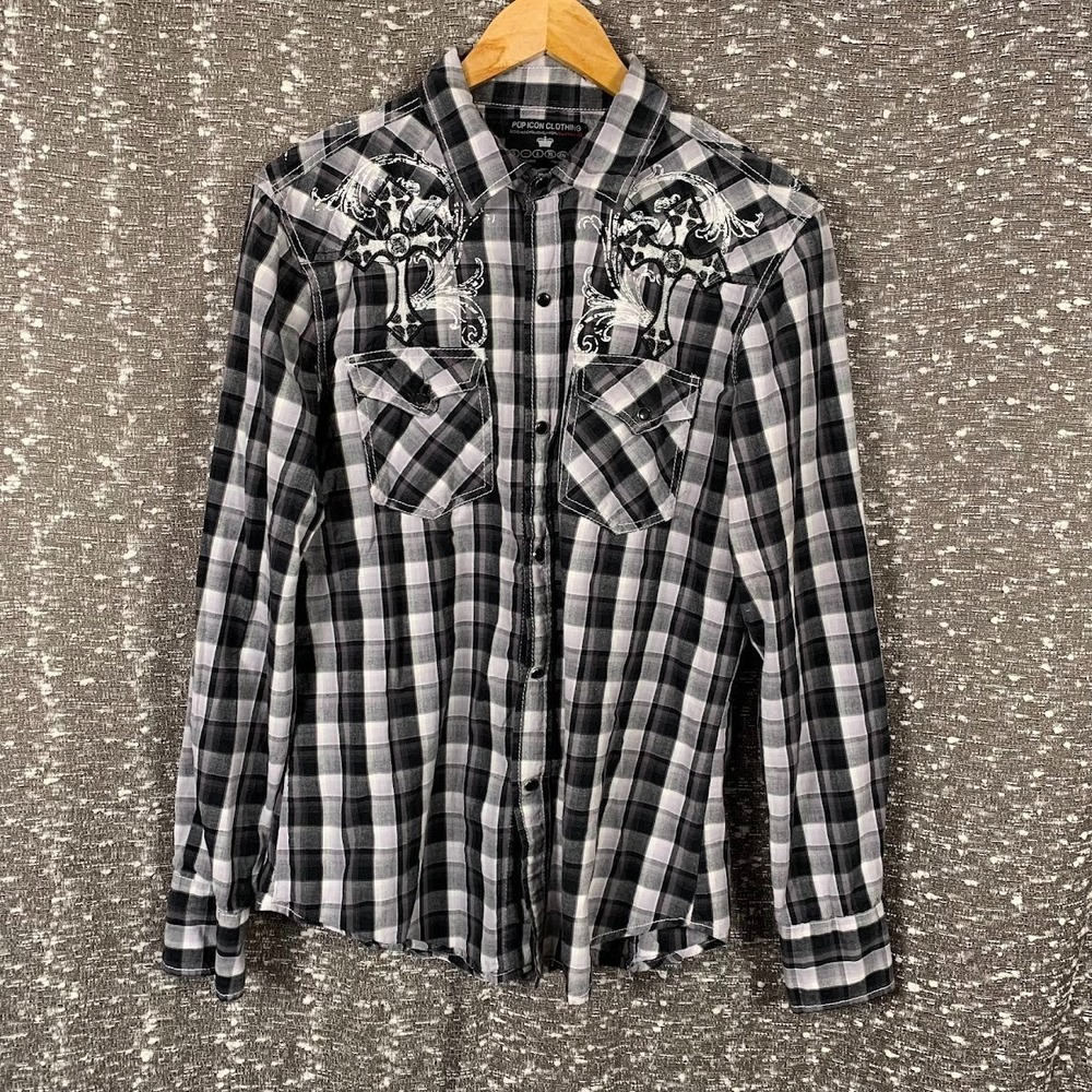 Vtg‎ Buckle Pop Icon Clothing Plaid Cross Pearl Snap Shirt Western Men's Medium
